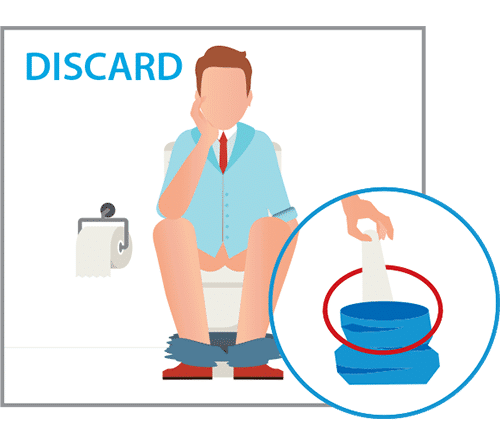 Person sitting on toilet with discard instructions